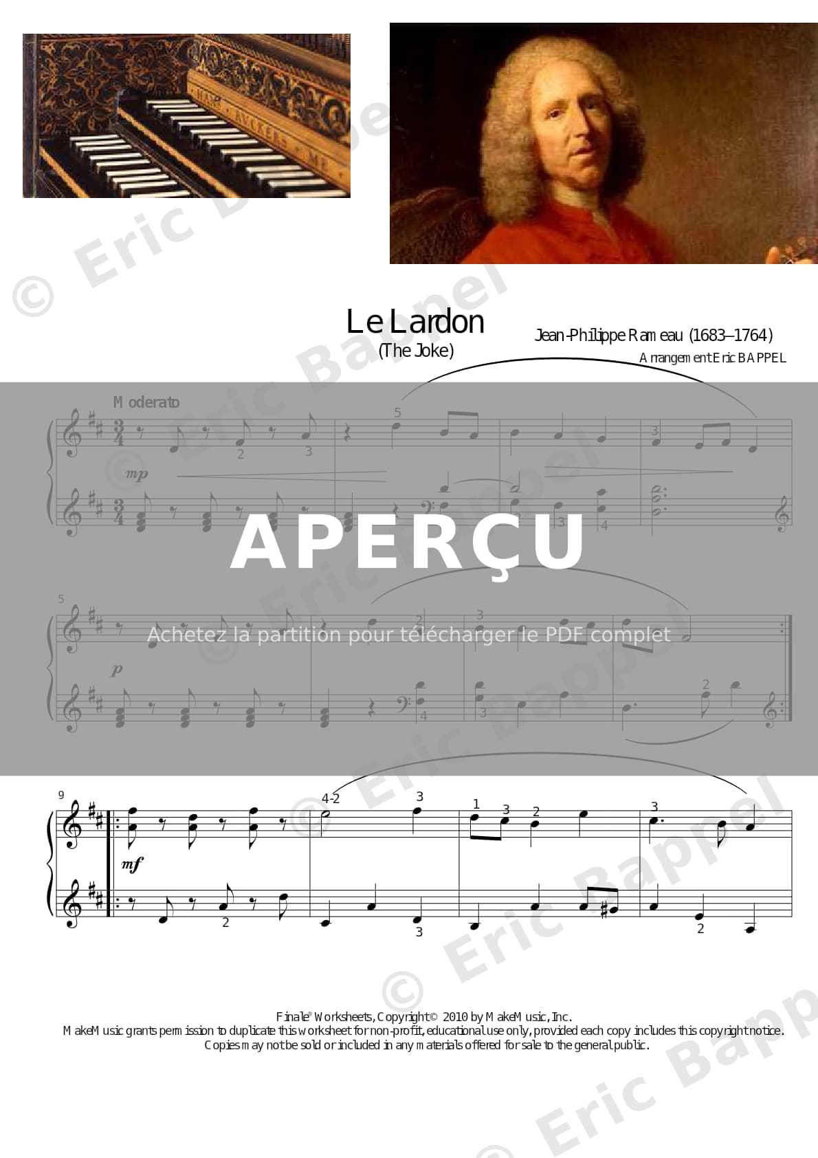 Pièces de clavecin (1724), Suite en Ré majeur, RCT 3: IX. Le lardon (Menuet) — Extrait page 1 sur 2