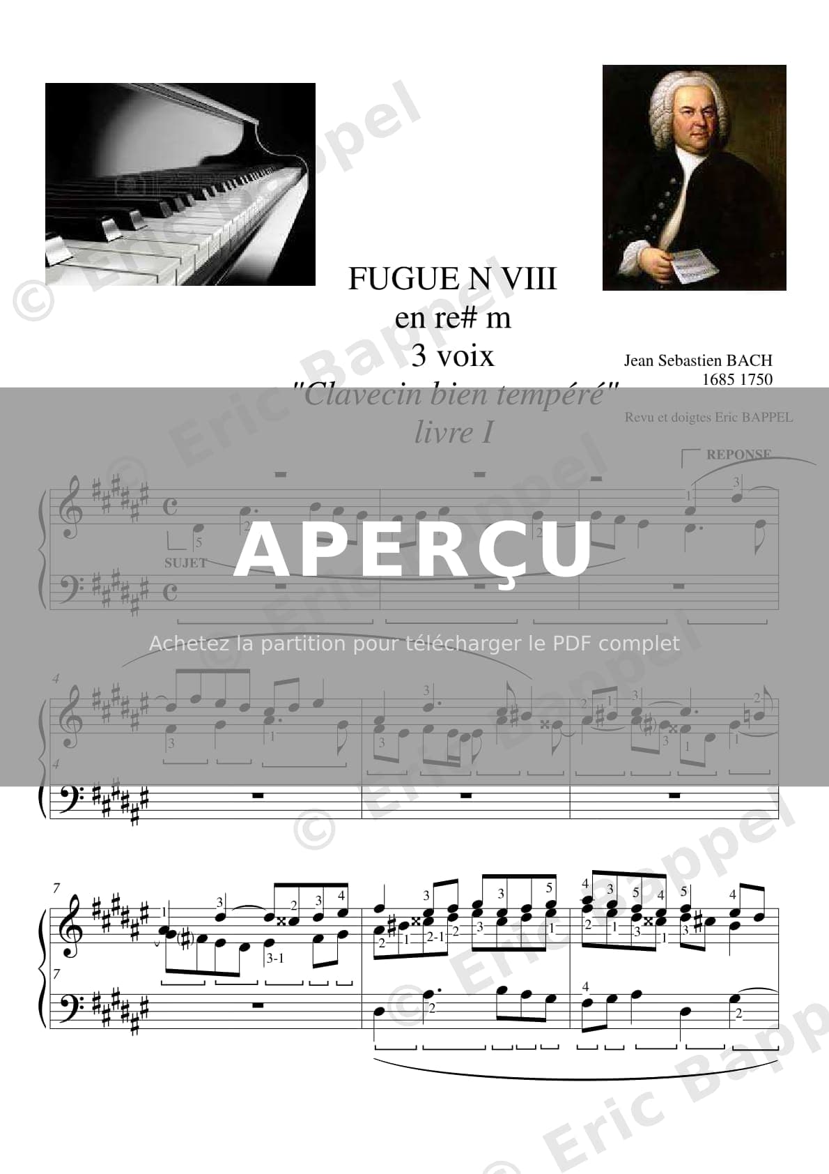 FUGUE VIII BWV 853 "Le Clavecin bien tempéré" 1er cahier en re#m — Extrait page 1 sur 10