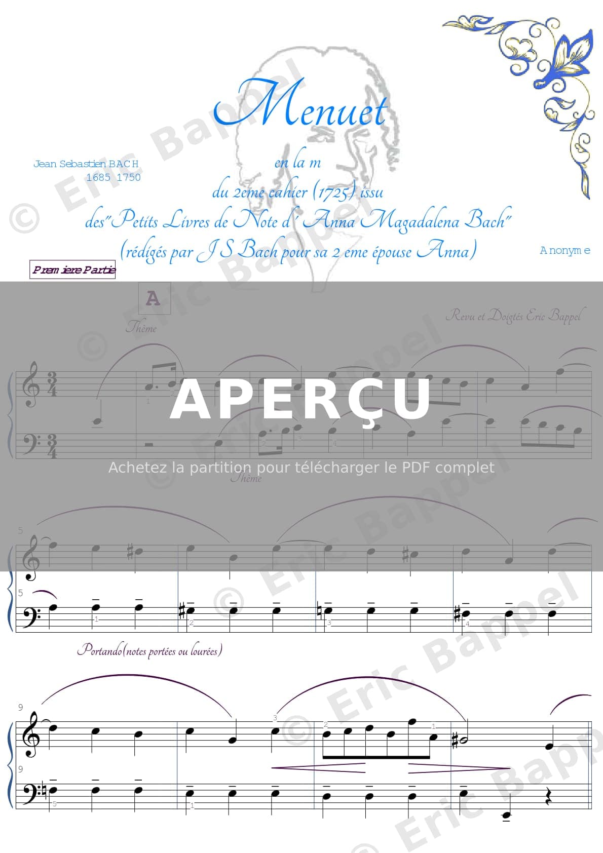 BACH (anonyme ) menuet en la m (petit livre d anna magdalena BACH ) — Extrait page 1 sur 5