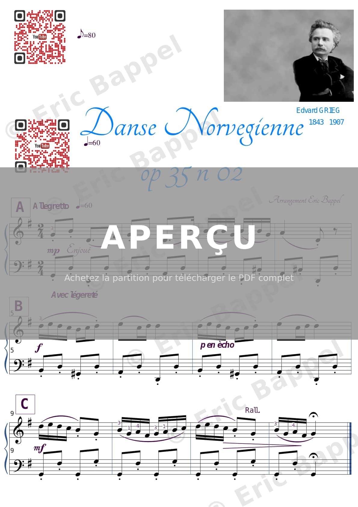 Danse norvégienne, Op. 35: No. 2 in La majeur, Allegretto tranquillo e grazioso pour piano solo simplifiée en Sol majeur — Extrait page 1 sur 1