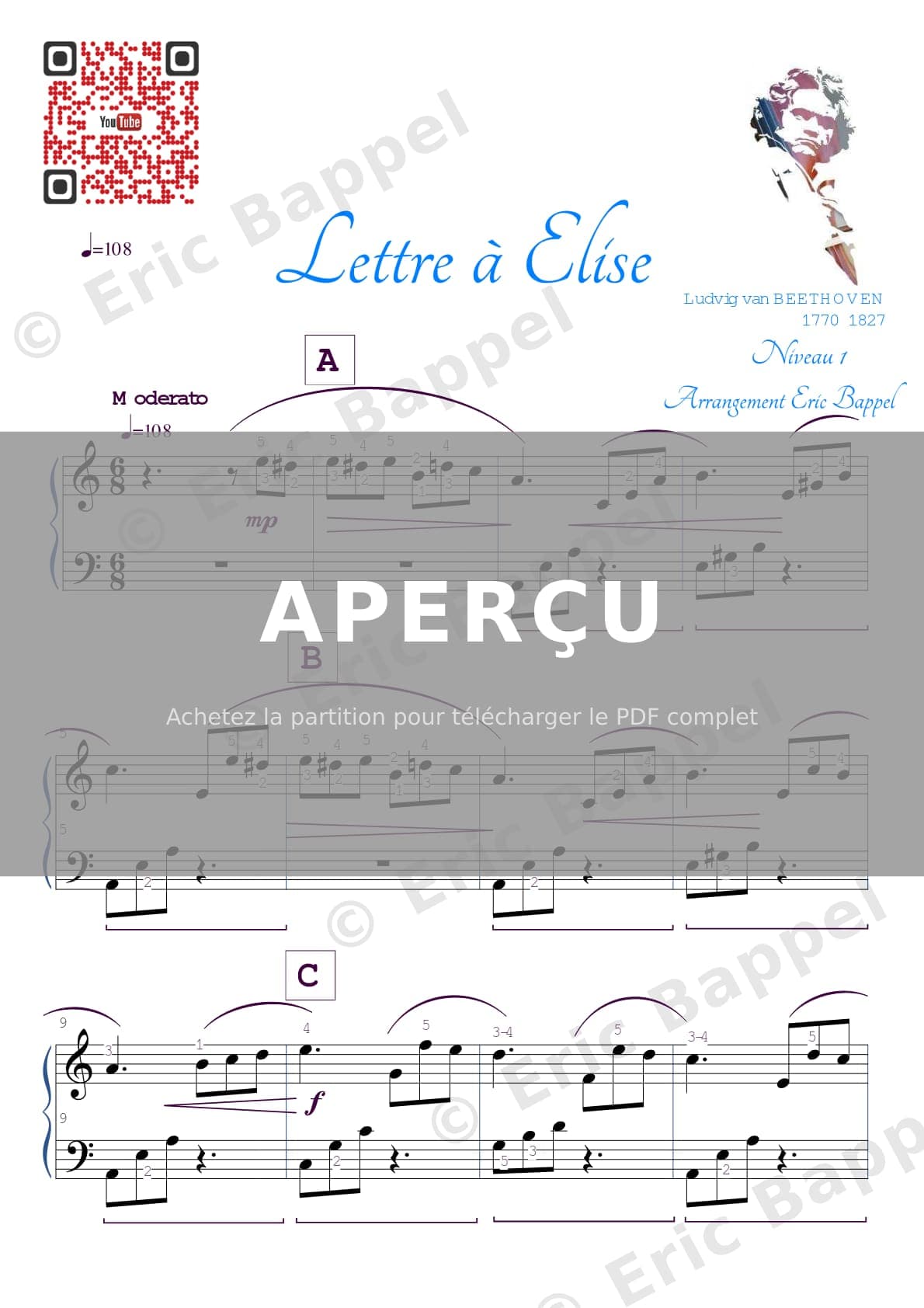 La Lettre à Élise en La mineur (niveau 1) — Extrait page 1 sur 2