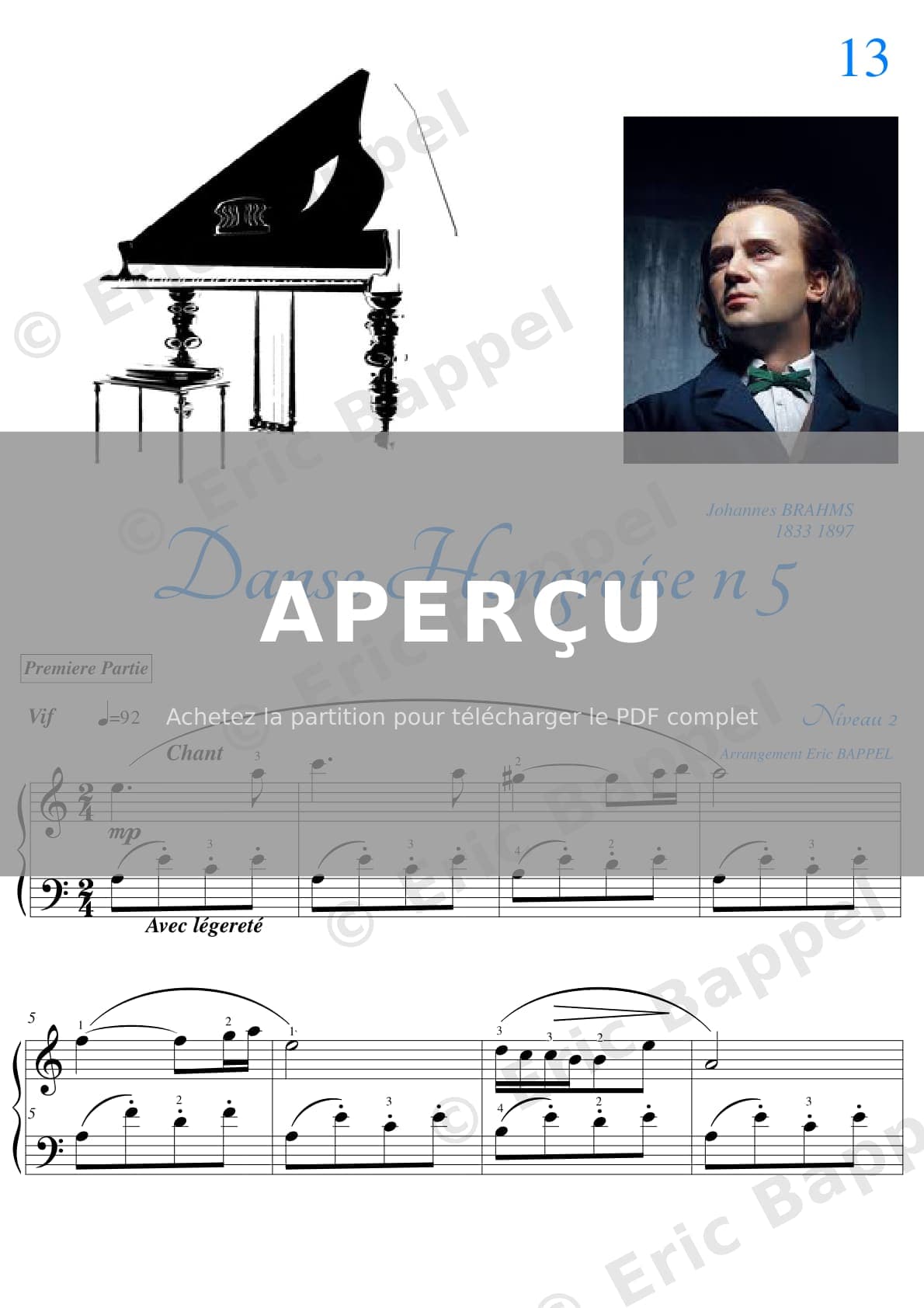 Danse hongroise n° 5, transcrite pour piano en La mineur (niveau 2) — Extrait page 1 sur 4