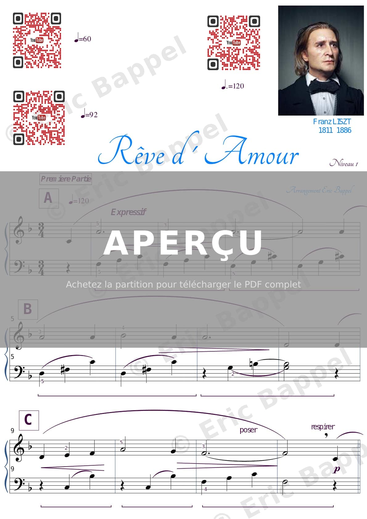Rêve d'amour (Liebesträume), S. 541 No. 03, niveau 1 — Extrait page 1 sur 2