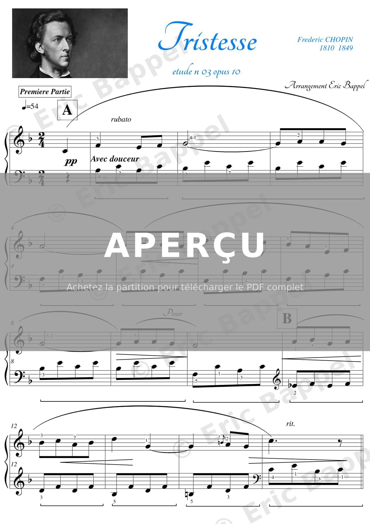 Étude op. 10, n° 3 en Mi majeur "Tristesse", version simplifiée en Fa majeur — Extrait page 1 sur 3