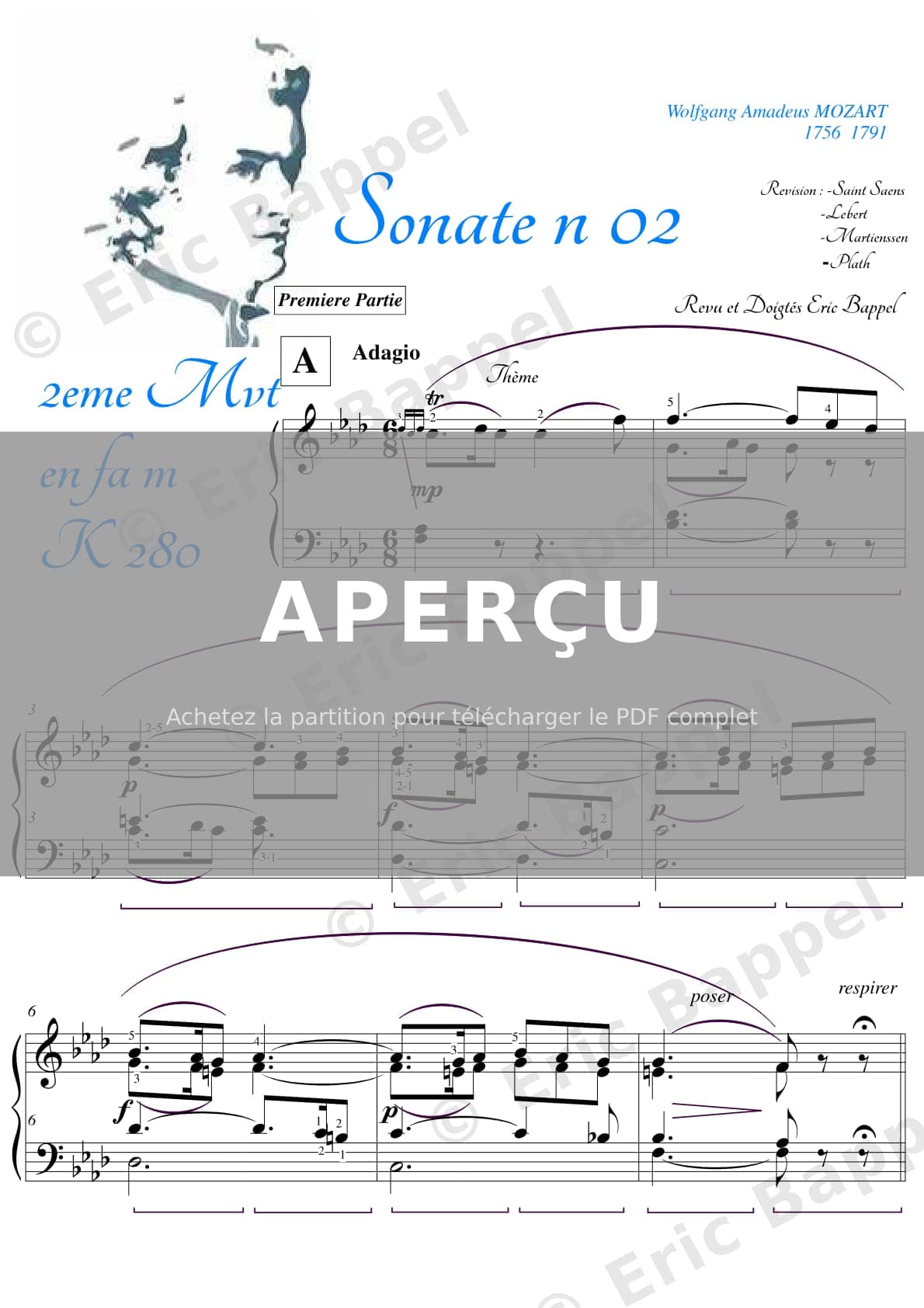 Sonate No. 2 en Fa majeur, K. 280, 2e mouvement en Fa mineur, Adagio — Extrait page 1 sur 7