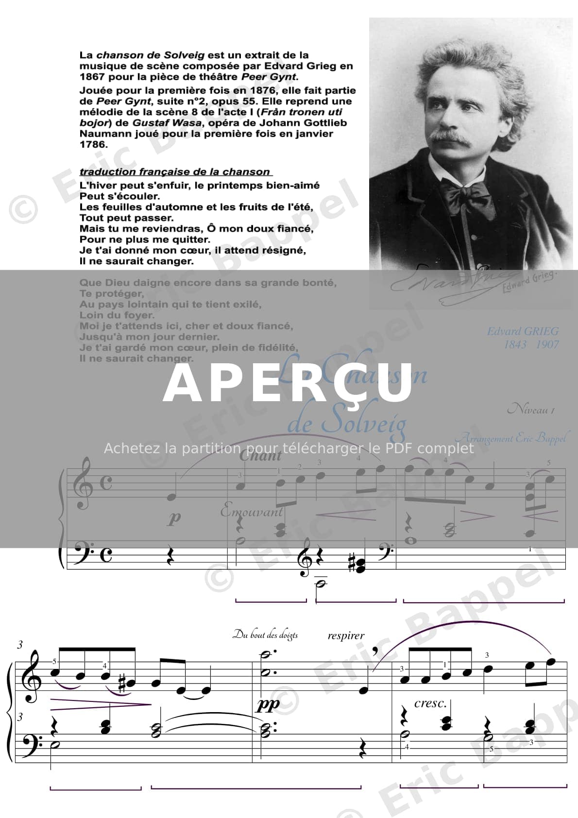 La Chanson de Solveig, Peer Gynt Suite No. 2, Op. 55, transcription pour piano niveau 1 — Extrait page 1 sur 2