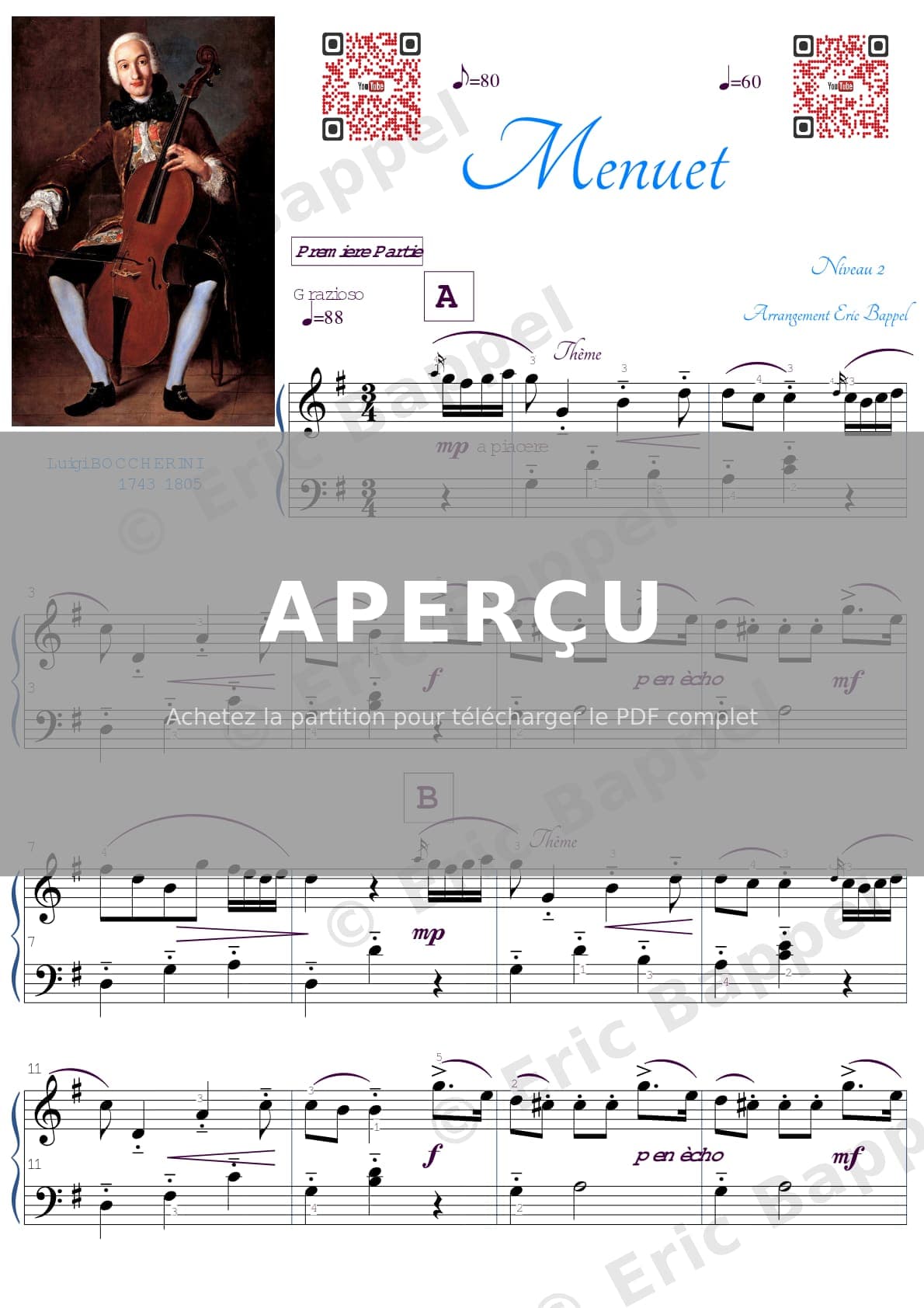 Quintette à cordes, Op. 11 n° 5 G. 275 (Op. 11/5) : Menuet, transcription pour piano (niveau 2) — Extrait page 1 sur 3