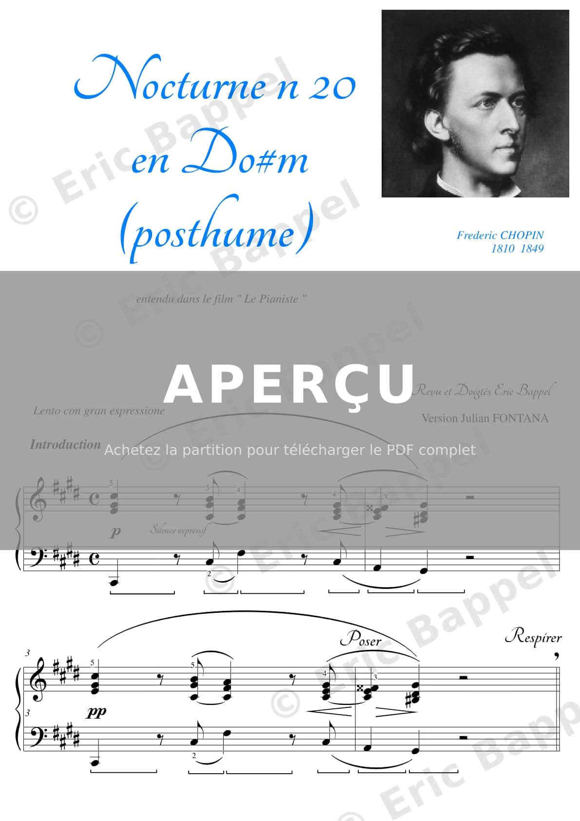 Nocturne No. 20 en Do dièse mineur, KK IVa/16, œuvre posthume (thème du film Le Pianiste) — Extrait page 1 sur 9