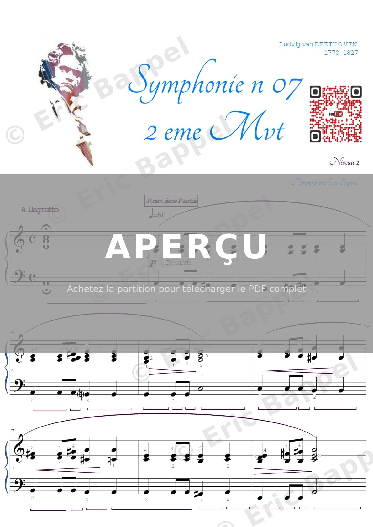 Symphonie n° 7 en La majeur, Op. 92 : II. Allegretto, arrangement pour piano — Extrait page 1 sur 3