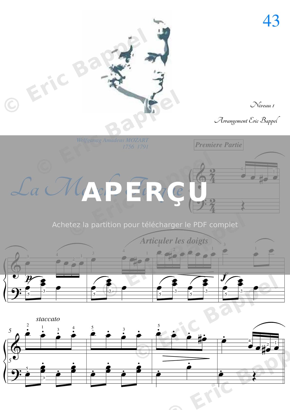 La marche turque, Sonata No. 11 en La M. K. 331 "Alla Turca": III. Rondo alla Turca. Allegretto niveau 1 — Extrait page 1 sur 4