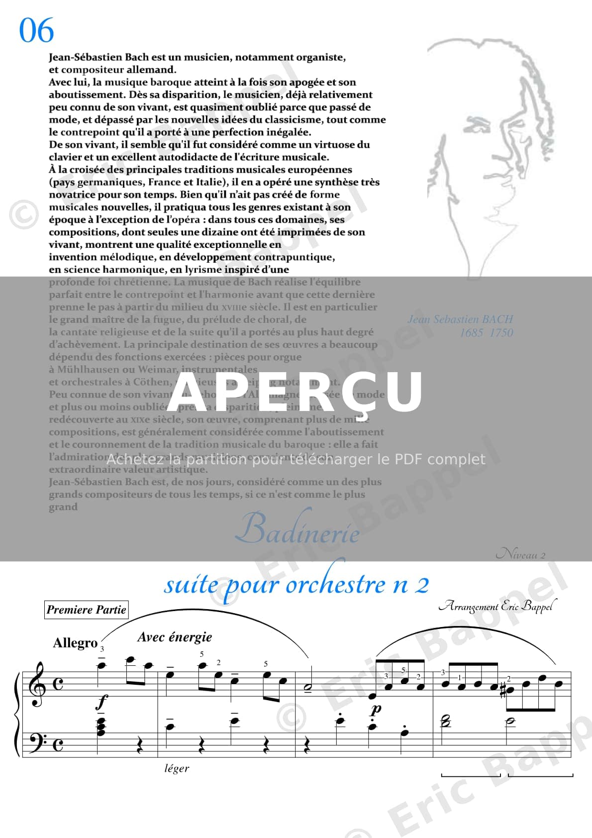 Orchestral Suite No. 2 In B Minor, BWV 1067: VII. Badinerie transcription pour piano en la m niveau 2 — Extrait page 1 sur 5