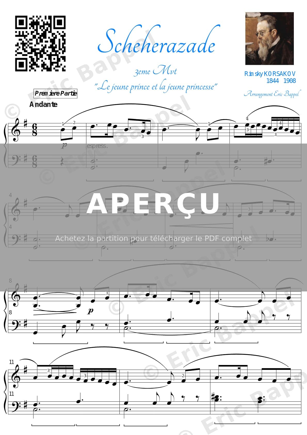 Scheherazade (Symphonic Suite After 1001 Nights), Op. 35 (1888) - No. 3. The Young Prince & Princess: Andantino Thème simplifié au piano — Extrait page 1 sur 3