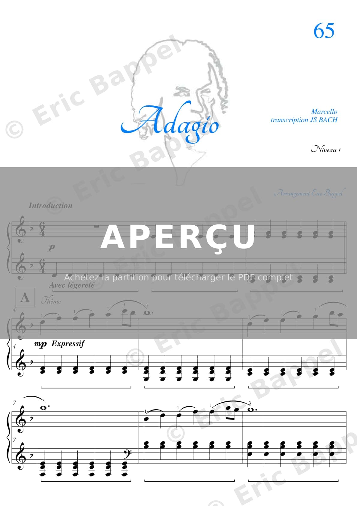 Transcription du Concerto pour hautbois BWV 974, 2e mvt Adagio (Marcello), version simple — Extrait page 1 sur 4