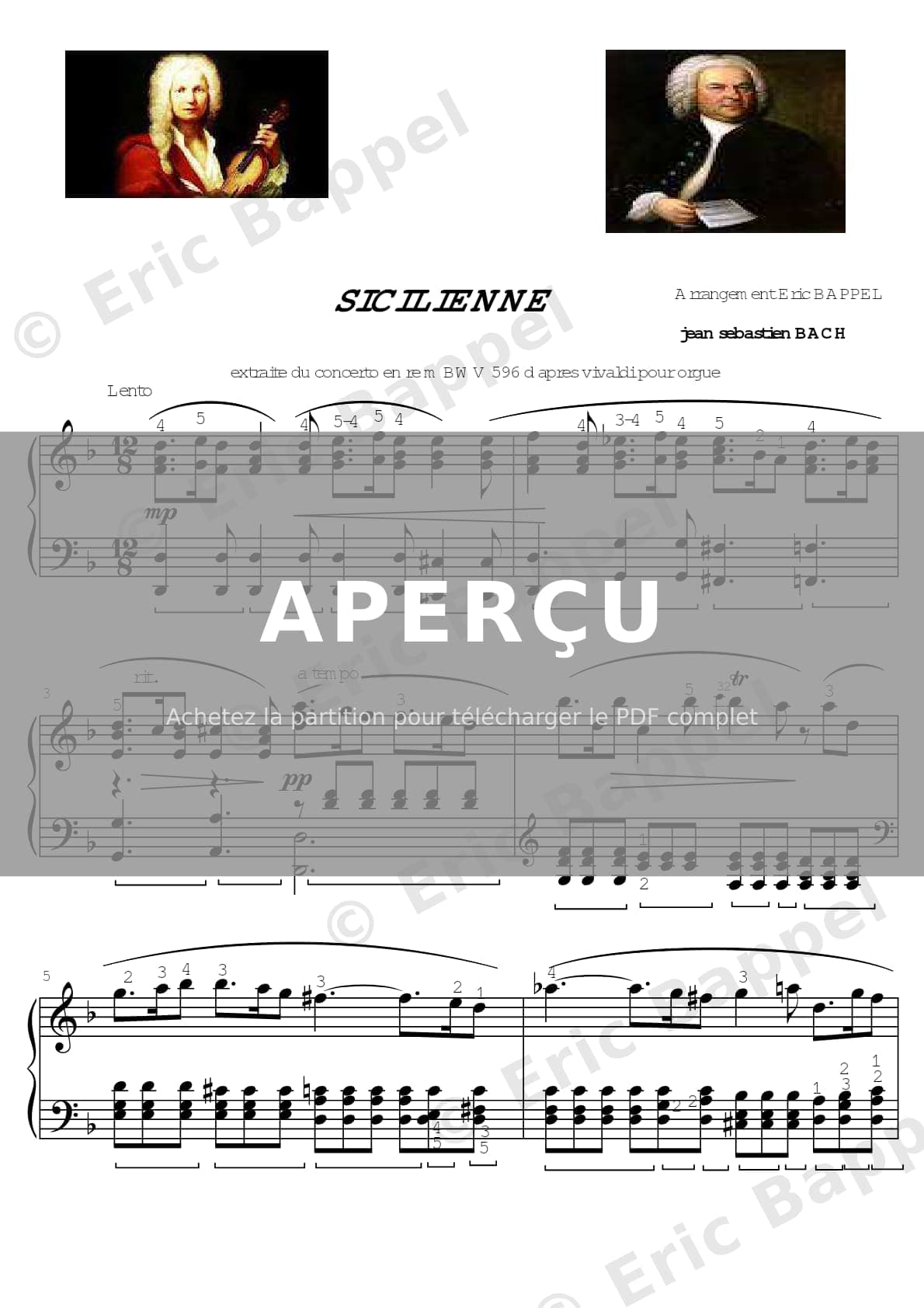 BACH transcription Sicilienne du Concerto en ré mineur, BWV 596 concerto pour orgue de Vivaldi — Extrait page 1 sur 3