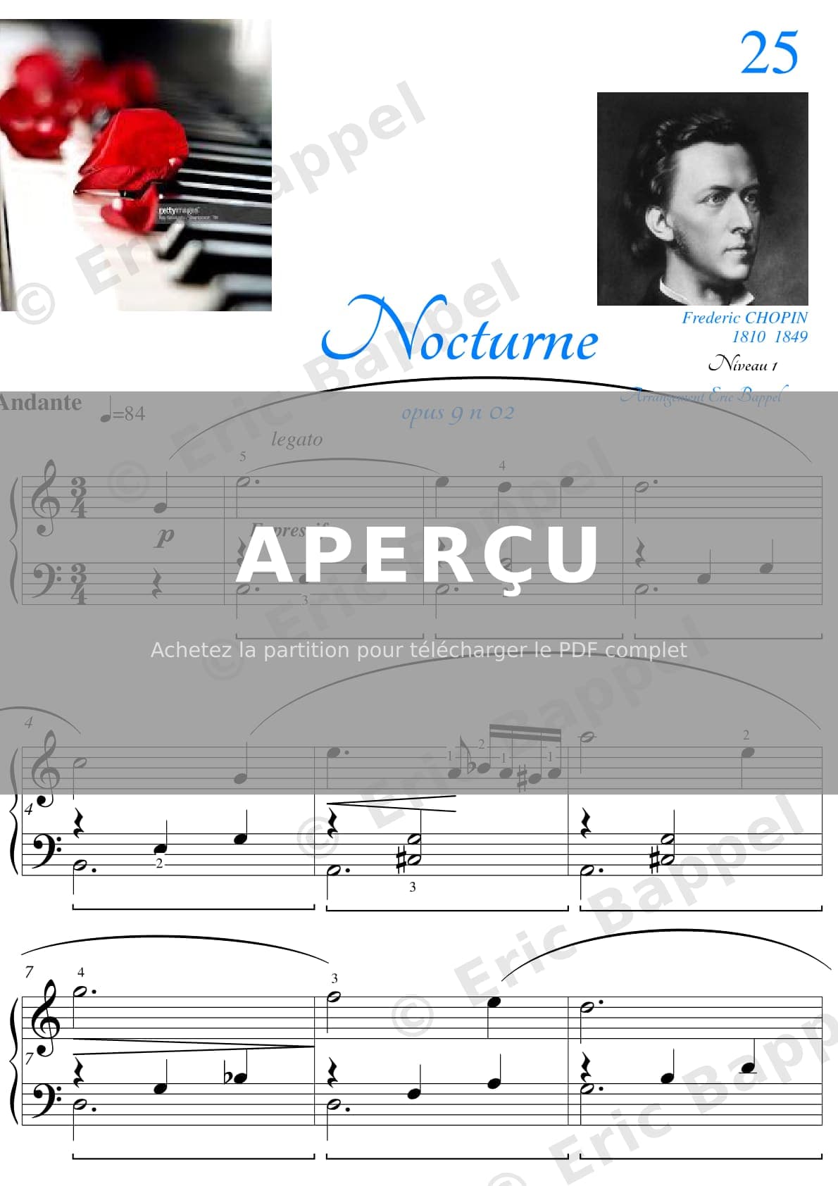 Nocturne Op. 9 n° 2, transposé en Do majeur, niveau 1 — Extrait page 1 sur 4