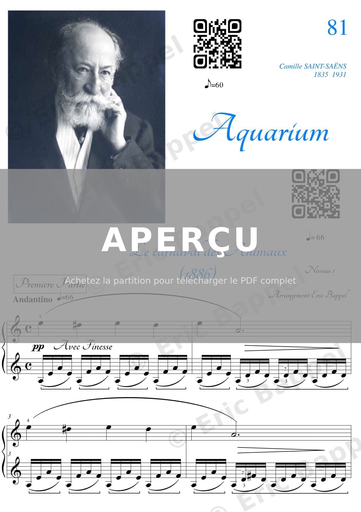 Aquarium (Le Carnaval des Animaux) version simplifiée pour piano — Extrait page 1 sur 4