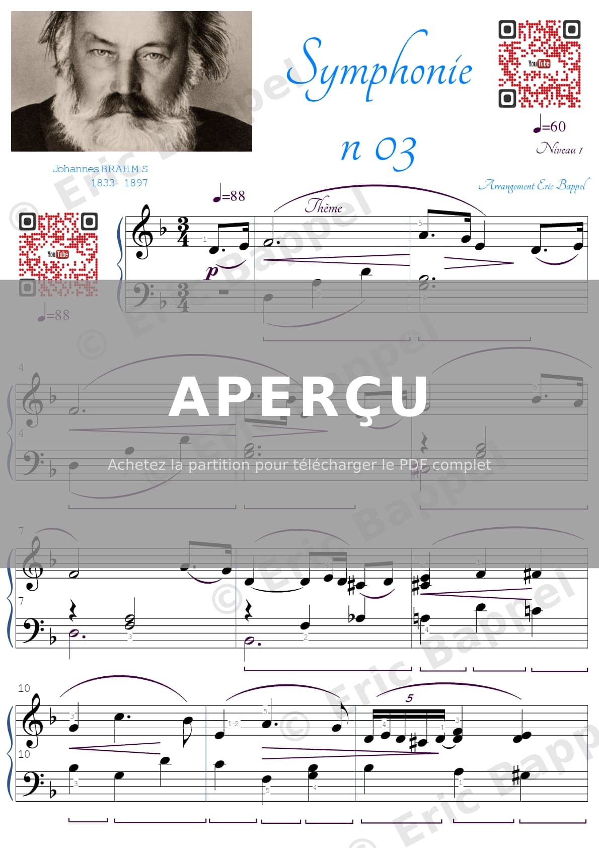 Symphonie n° 3 en Fa majeur, Op. 90 : III. Poco allegretto, transposée en Ré mineur (niveau 1) — Extrait page 1 sur 2